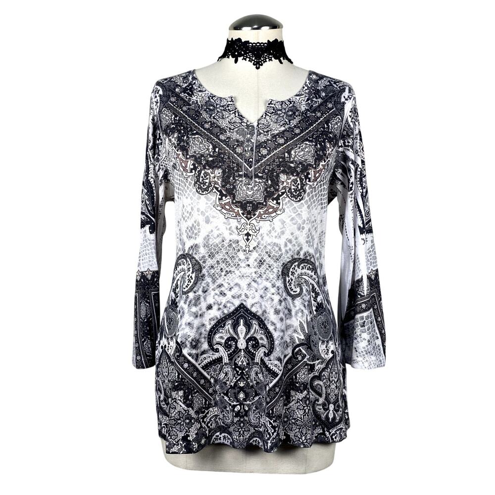 Vtg Y2K Whimsigoth Boho Gothic Grunge Rhinestone Henley Long Sleeve Size Large